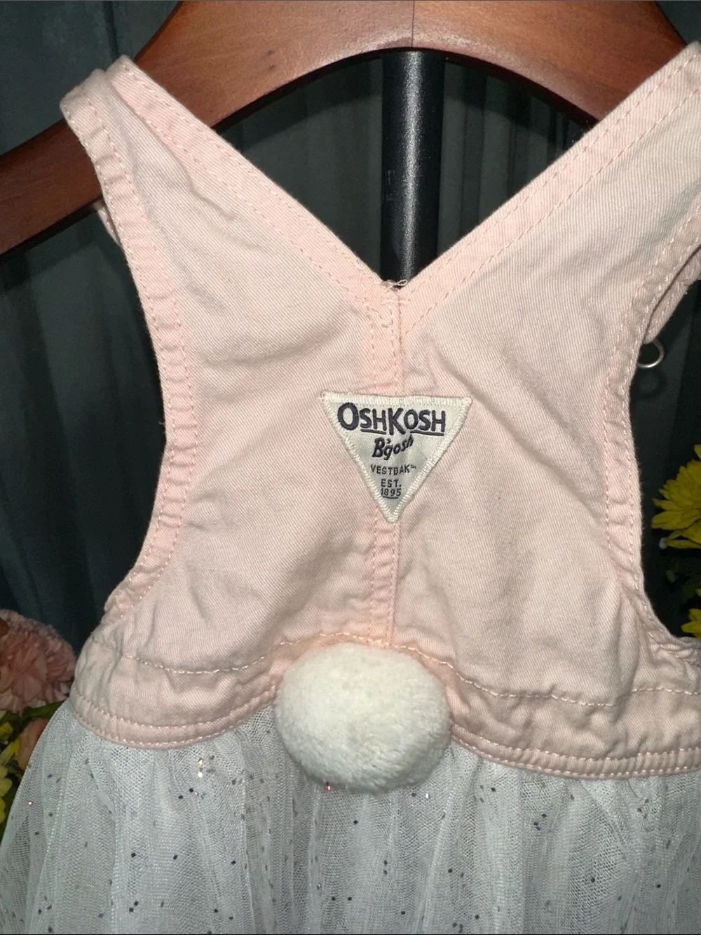 🎉Girls Pink Bunny Pocket Overall Dress with White Tulle Skirt. C314